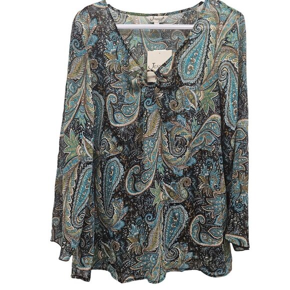 Jessica Women Plus Paisley Print Motif Polyester Sheer Long Sleeve Boho Blouse i - Picture 1 of 11